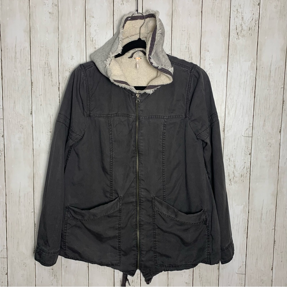 FREE PEOPLE GRAY HOODED UTILITY ARMY ZIP UP LINED LIGHTWEIGHT TENCEL JACKET S